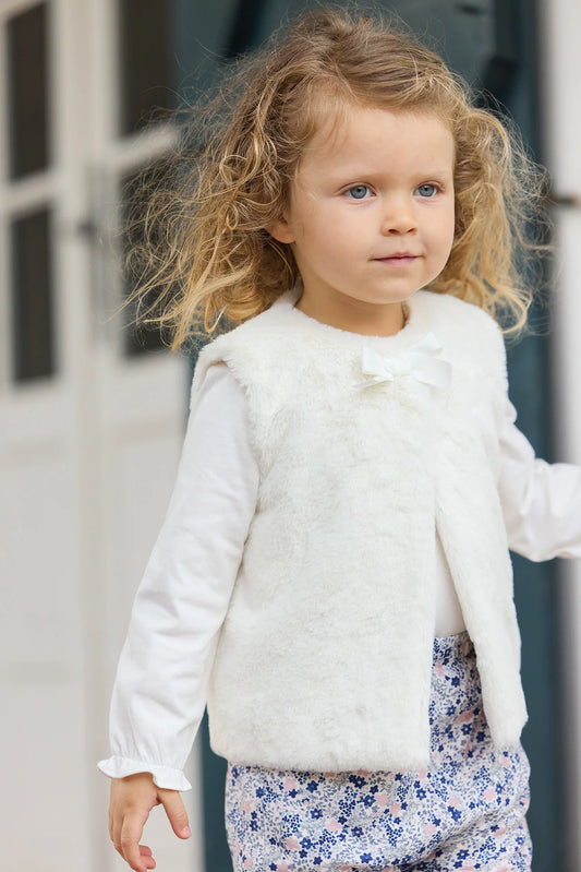 Gilet Ecru imitation fausse fourrure avec nœud