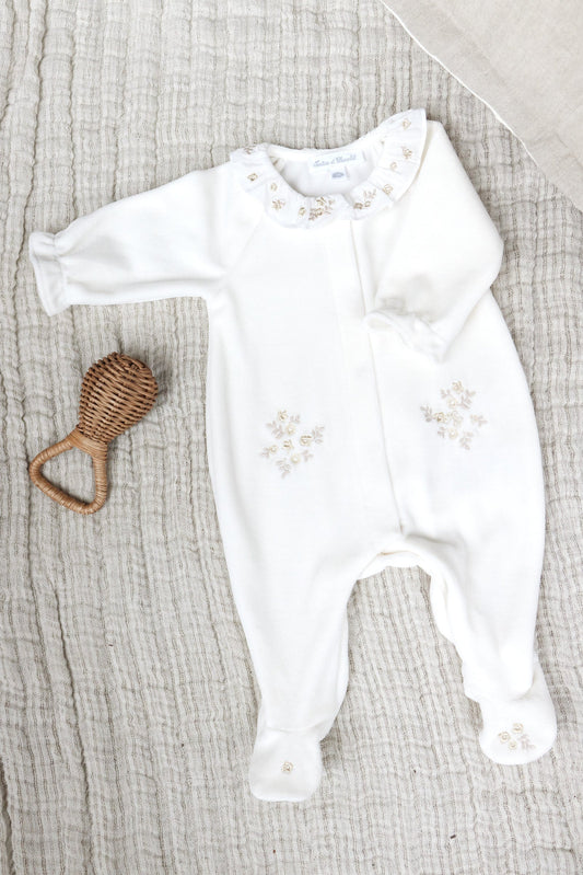 Pyjama velours écru broderie fleurie