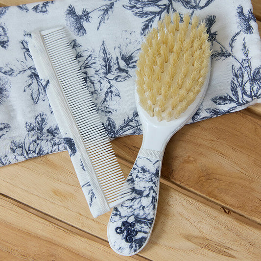 Set brosse et peigne toile jouy bleu