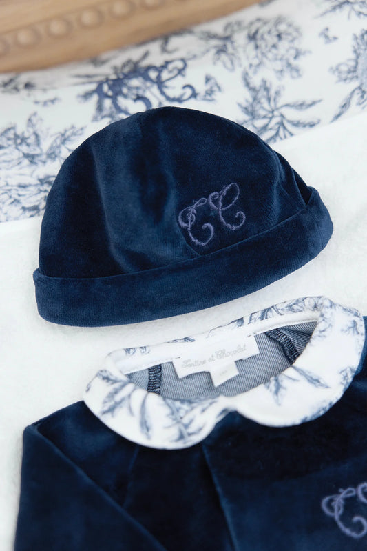 Bonnet Bleu velours imprimé inspiration toile de jouy